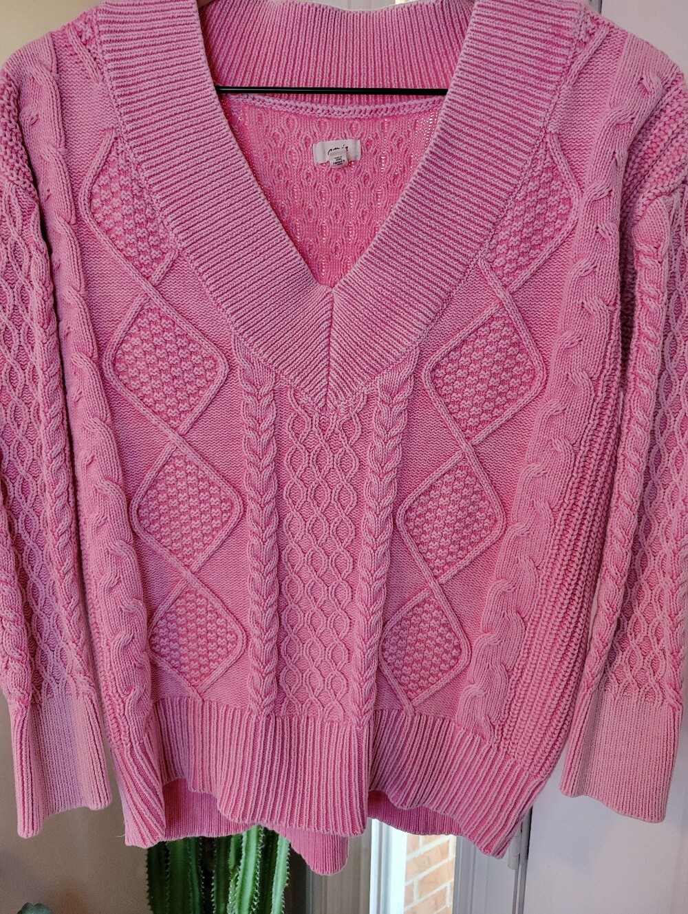 Aerie Pink Cotton Cable Knit V-Neck Pullover Sweater, Size Womens XS Oversized - Picture 3 of 7